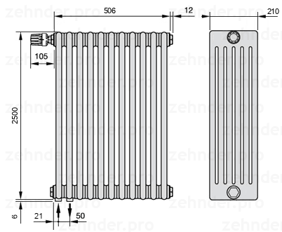 Схема (чертеж) Радиатор Zehnder Charleston 6250/11 №V001 Белый глянцевый RAL 9016
